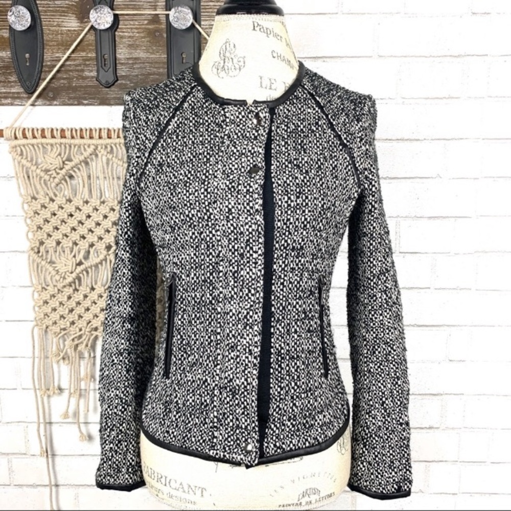 Zara Basics Tweed blazer faux leather trim